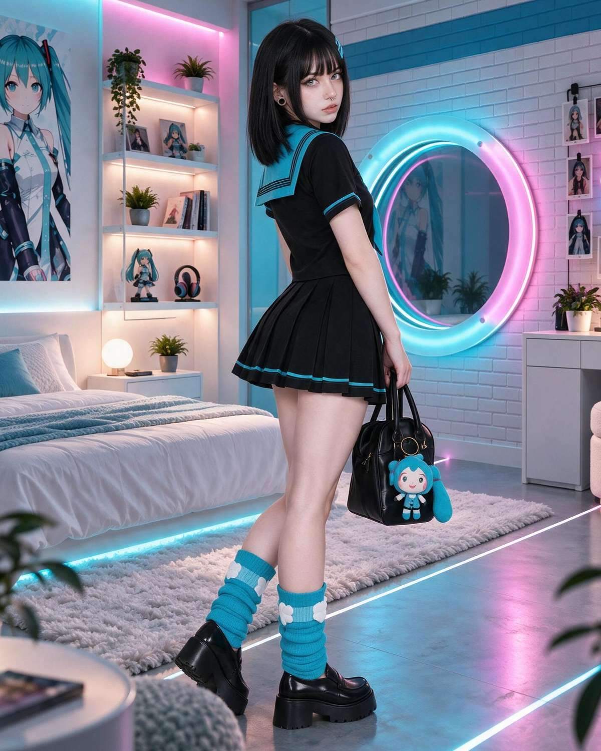 A woman stands in a brightly lit bedroom wearing a black short-sleeve sailor-style dress with bright blue trim, holding a black handbag with a blue character charm. The room has blue and pink neon lighting, shelves with anime figures, a bed, and a round mirror.