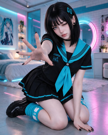 A person kneeling in a modern bedroom-like interior wearing a black and bright blue sailor-style outfit with a pleated skirt, matching socks, and black shoes, while extending one hand toward the camera.