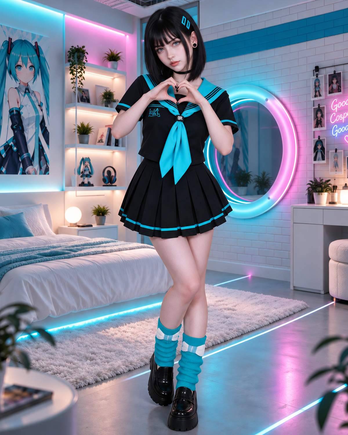 A person stands in a neon-lit bedroom wearing a black and turquoise anime-style sailor fuku dress with a large turquoise bow, matching socks, and black platform shoes, while forming a heart shape with their hands.