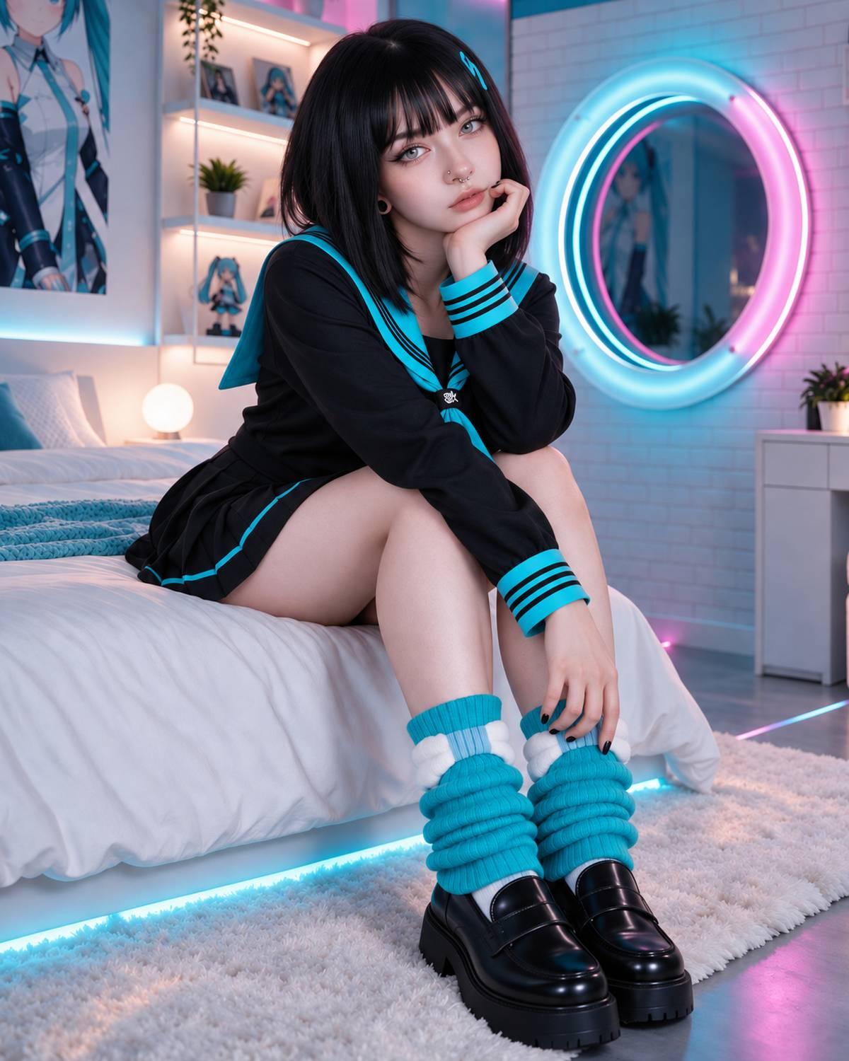 A young woman with short black hair sits on a bed in a brightly lit bedroom. She is wearing a black sailor-style outfit with bright turquoise blue trim, chunky turquoise leg warmers, and black platform loafers.