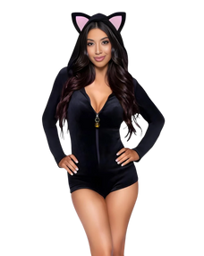 Woman wearing a black cat-themed outfit with ears on a white background