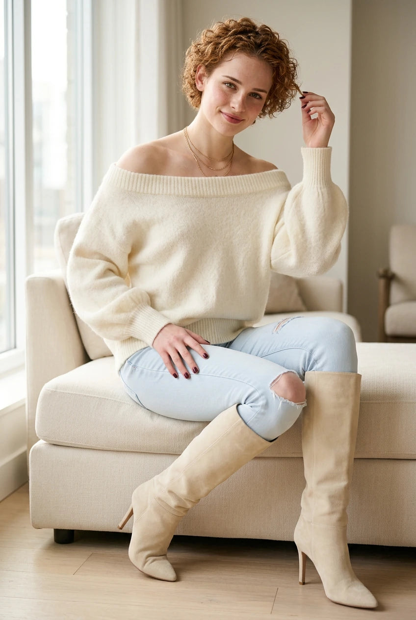 Ivory fuzzy sweater styled with light-wash jeans and cream boots in a seated pose