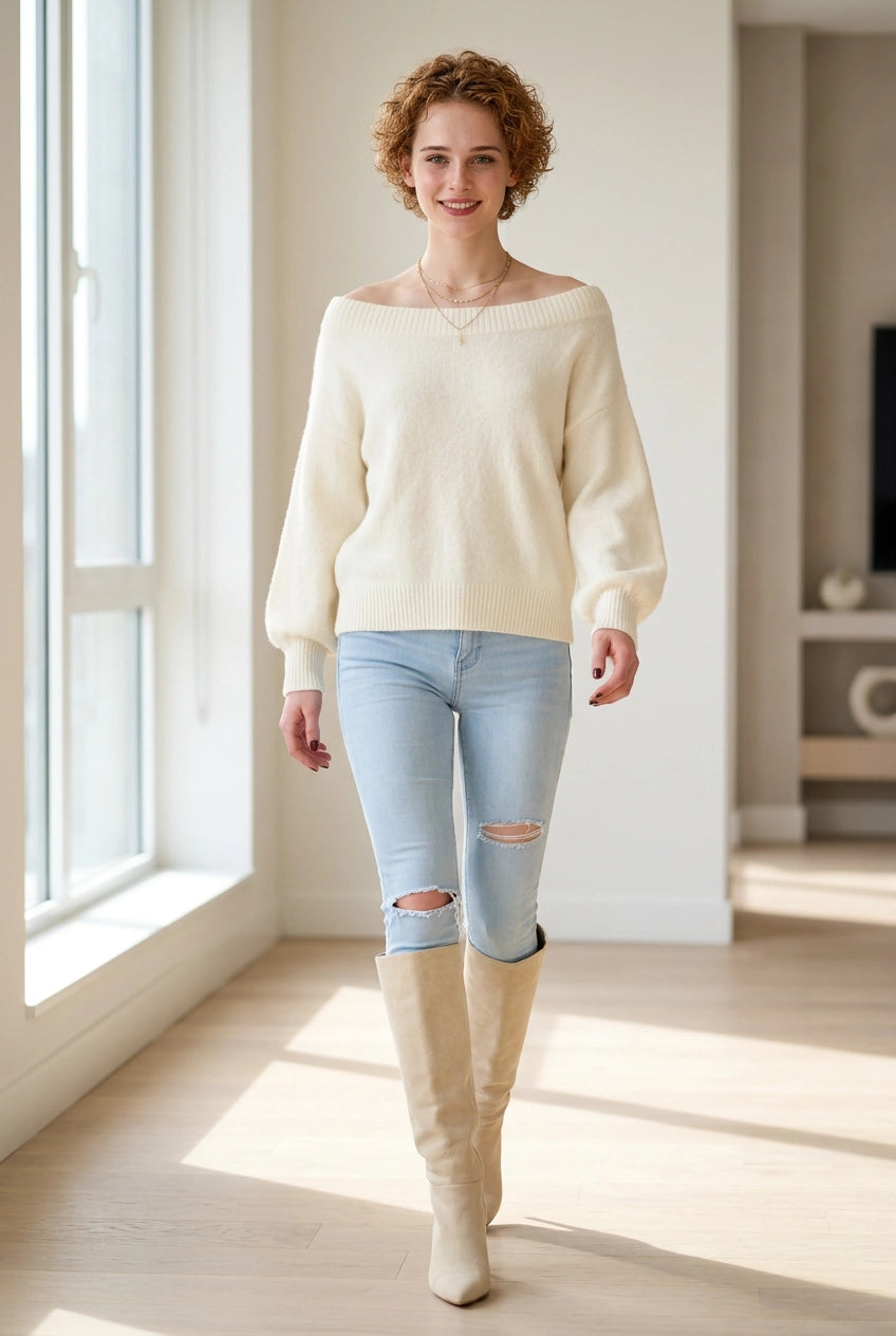 Ivory off shoulder fuzzy sweater styled with light-wash jeans and cream knee-high boots
