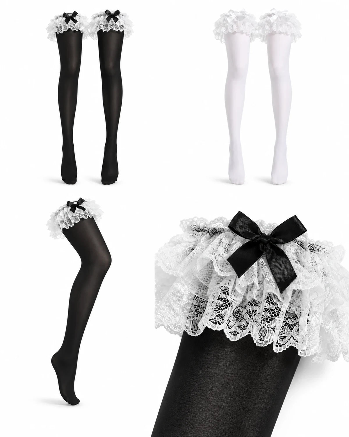 Black and white lace bow thigh high stockings with close-up lace trim detail