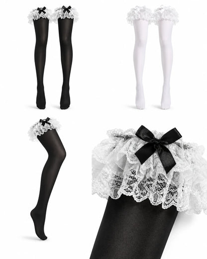 Black and white lace bow thigh high stockings with close-up lace trim detail