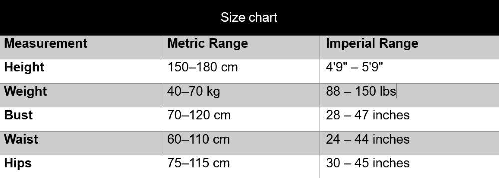 Size chart for clothing measurements in metric and imperial units