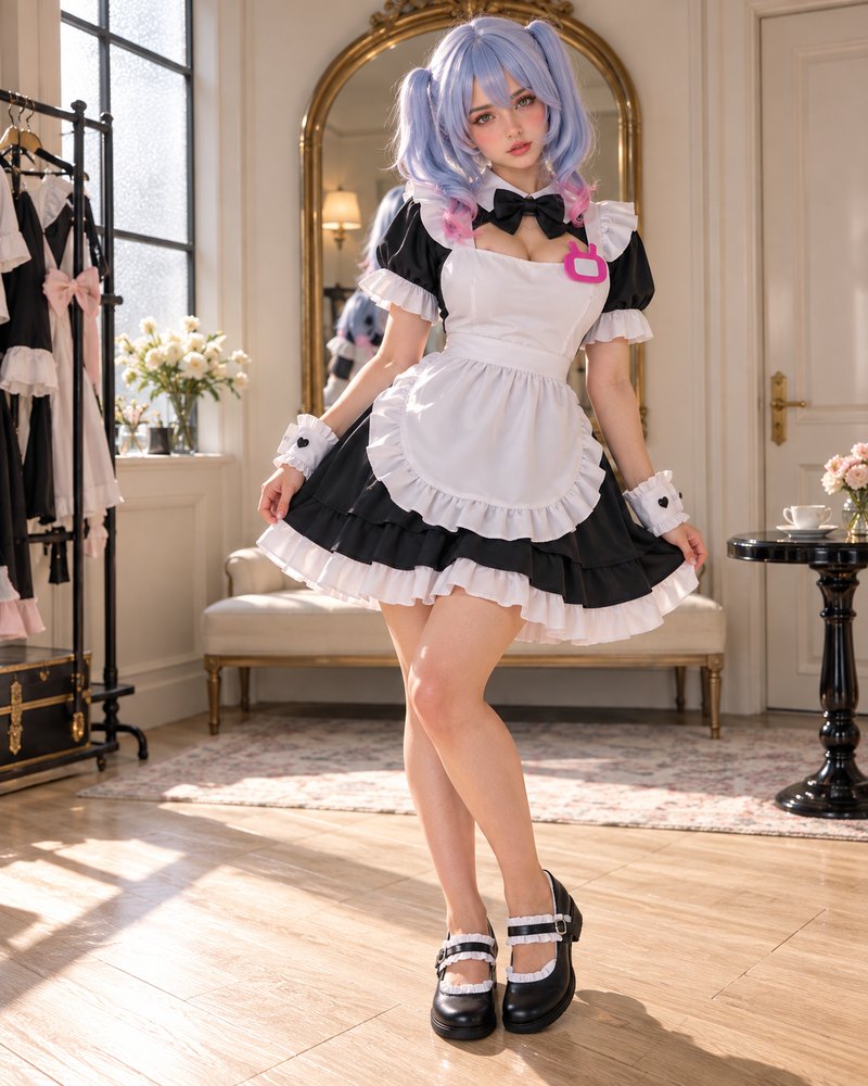 Pastel blue and pink twin tail wig styled with a black and white maid cosplay dress in a dressing room.