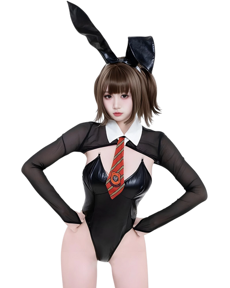 Person wearing a black bunny costume with a red tie on a white background