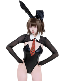 Person wearing a black bunny costume with a red tie on a white background