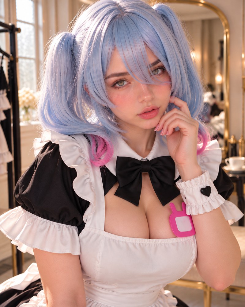 Close portrait showing the bow collar, puff sleeves, and apron of a black and white maid cosplay dress.