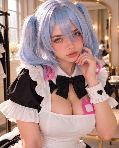 Close portrait showing the bow collar, puff sleeves, and apron of a black and white maid cosplay dress.