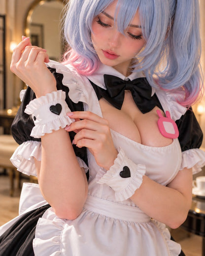 Close-up of ruffled cuffs, black heart details, and bow on a maid cosplay dress.