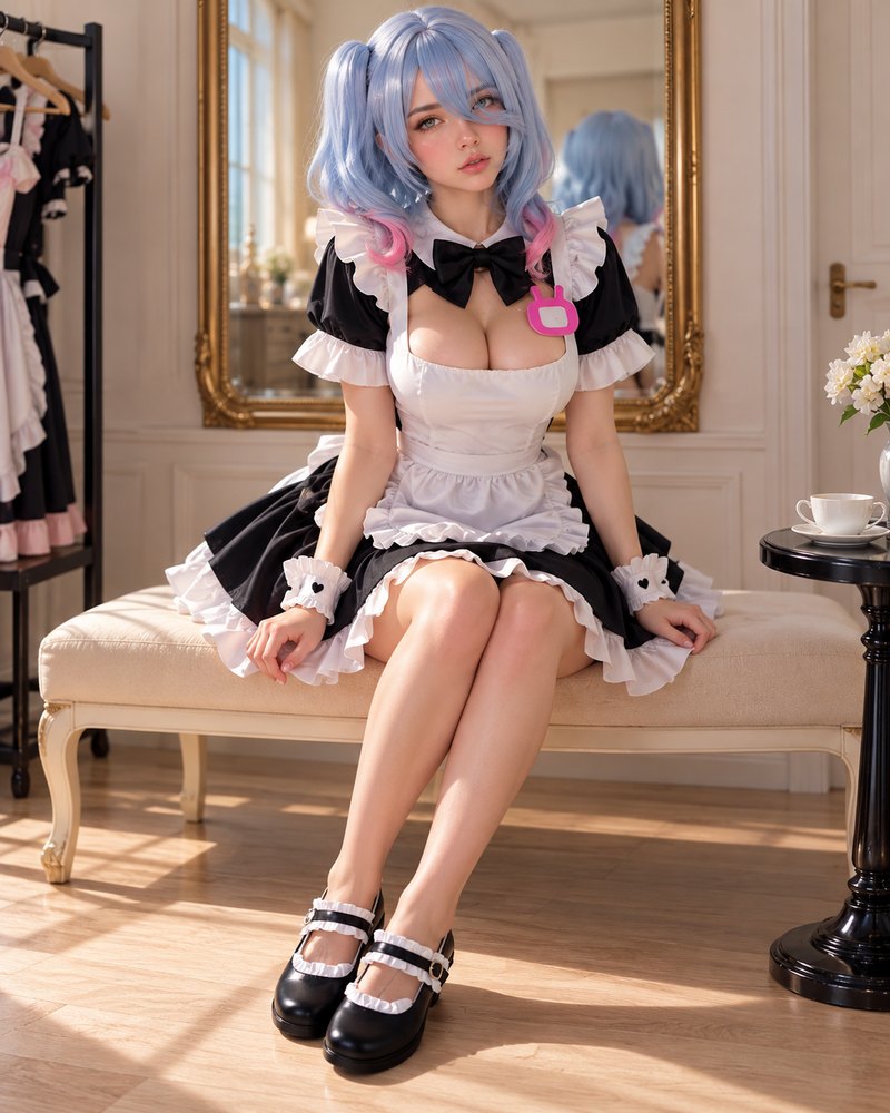 Seated styling view of a black and white puff sleeve maid cosplay dress.