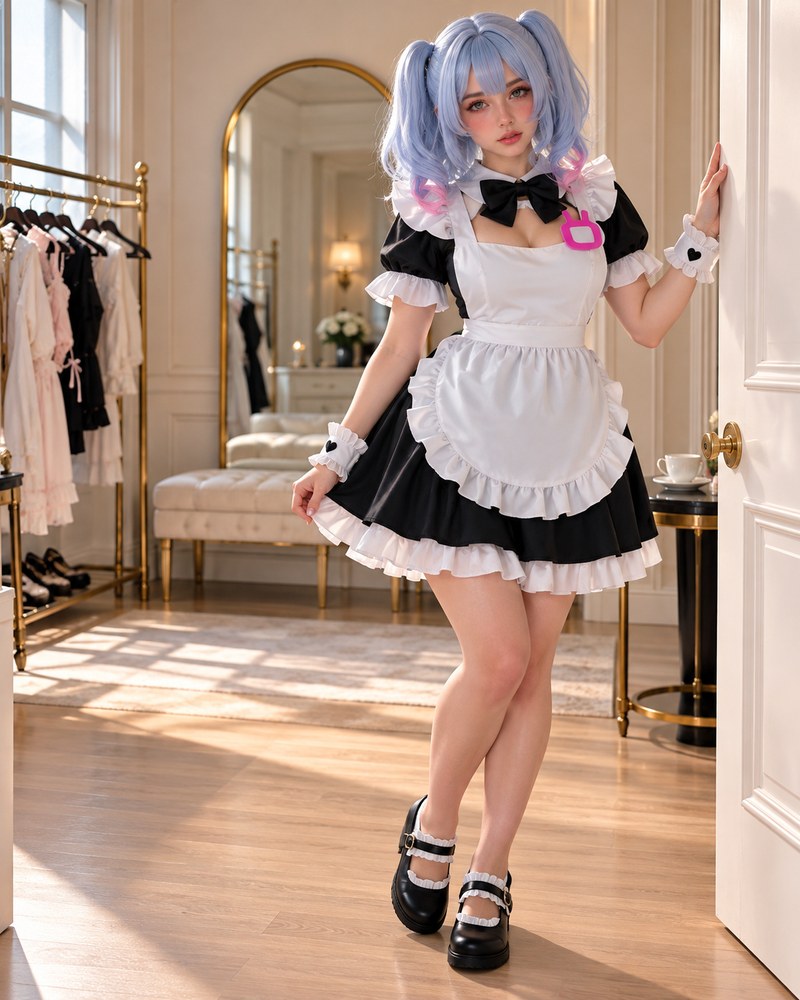Full length view of a black and white maid cosplay dress in a sunlit dressing room.