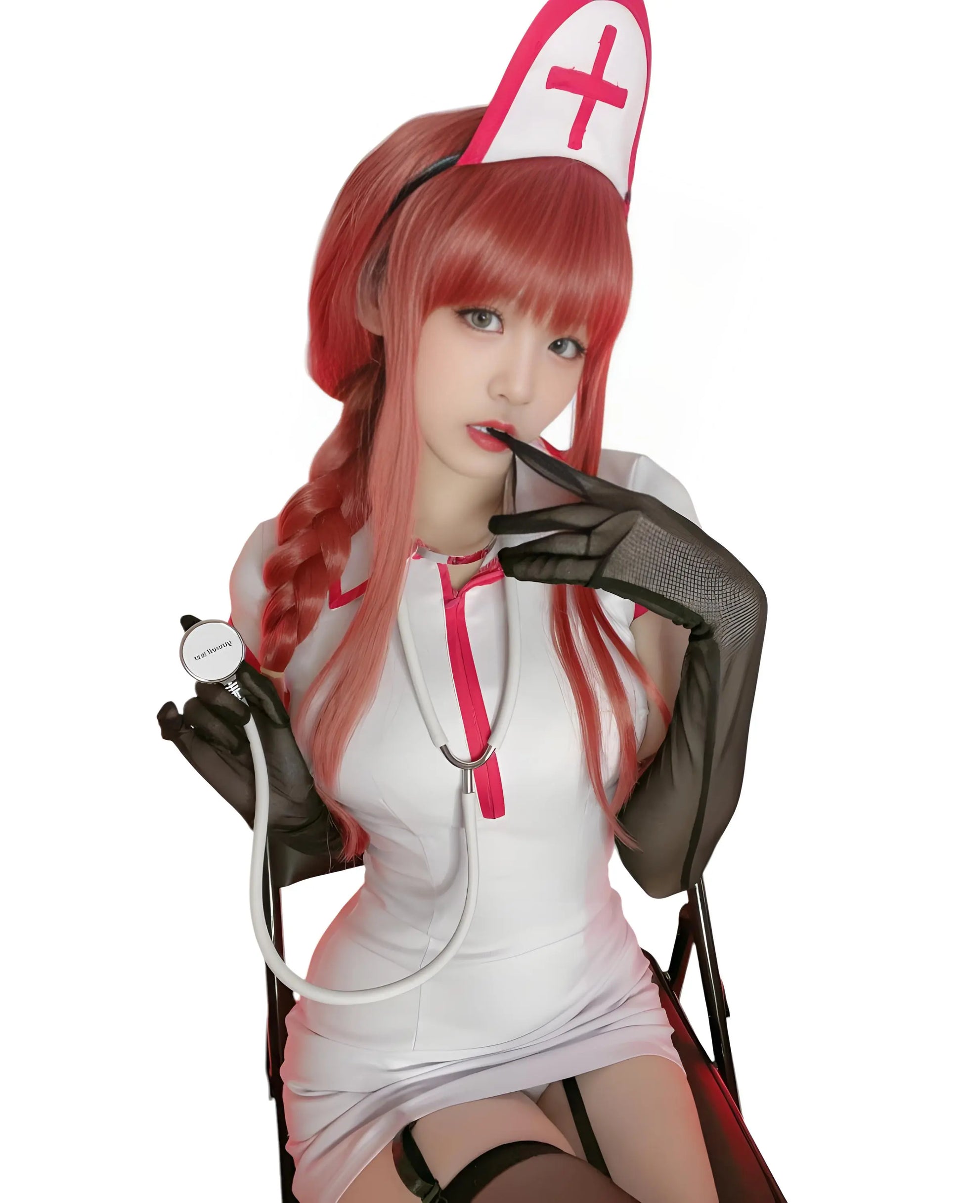 Makima cosplay nurse outfit inspired by Chainsaw Man on chair front 