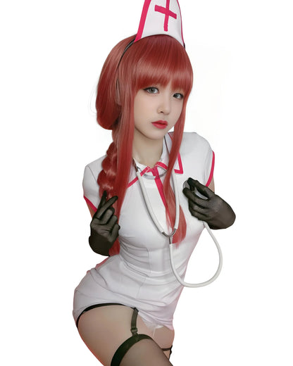 Makima cosplay nurse outfit inspired by Chainsaw Man posing 