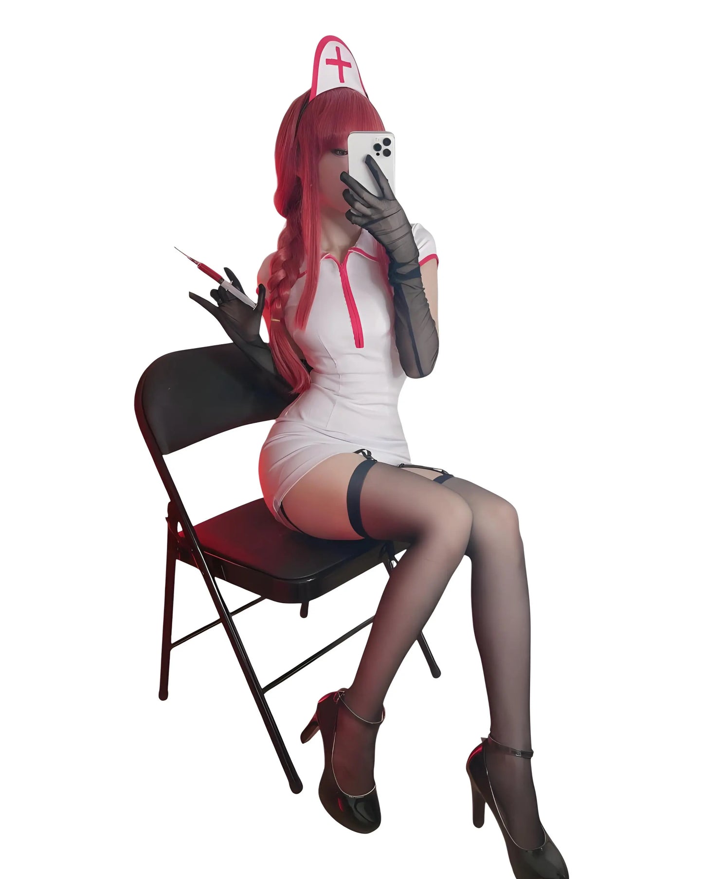 Makima cosplay nurse outfit inspired by Chainsaw Man on chair posing