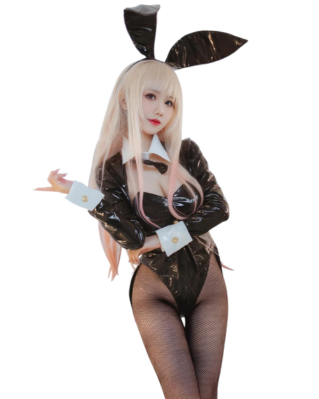 Person wearing a black and white  Marin Kitagawa bunny costume with fishnet stockings on a white background