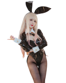 Person wearing a black and white  Marin Kitagawa bunny costume with fishnet stockings on a white background