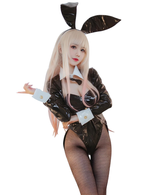 Person wearing a black and white  Marin Kitagawa bunny costume with fishnet stockings on a white background