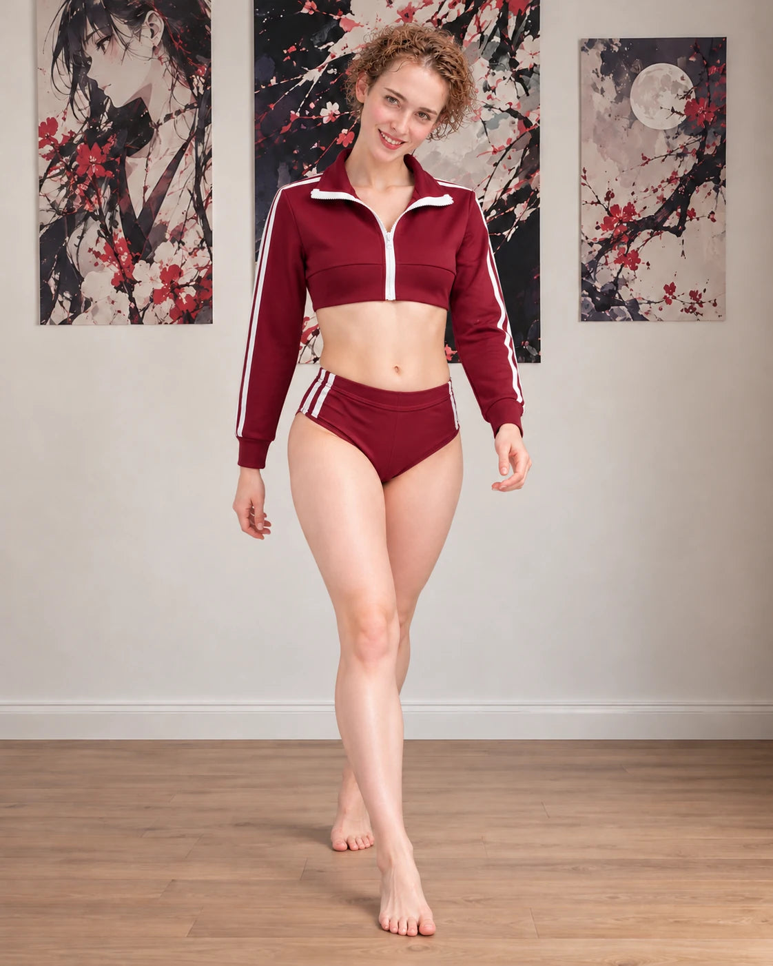 Front view of the maroon athletic crop top and shorts.