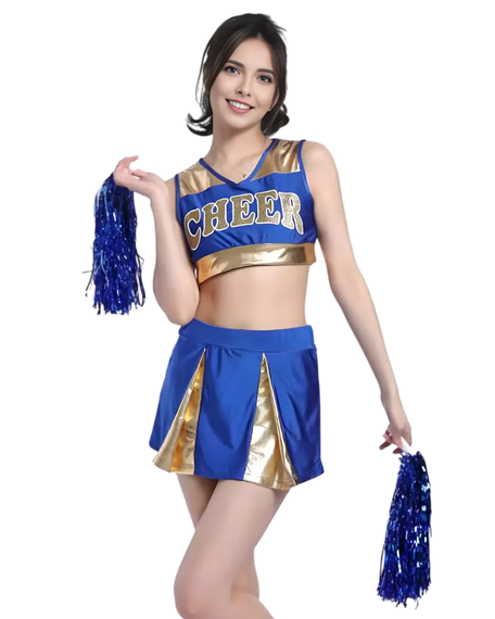 Woman in a blue and gold cheerleading outfit with pom-poms on a white background