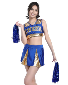 Woman in a blue and gold cheerleading outfit with pom-poms on a white background