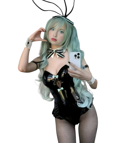 A cosplayer wearing Hatsune Miku bunny suit cosplay outfit with black bodysuit and bunny ears