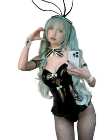 A cosplayer wearing Hatsune Miku bunny suit cosplay outfit with black bodysuit and bunny ears