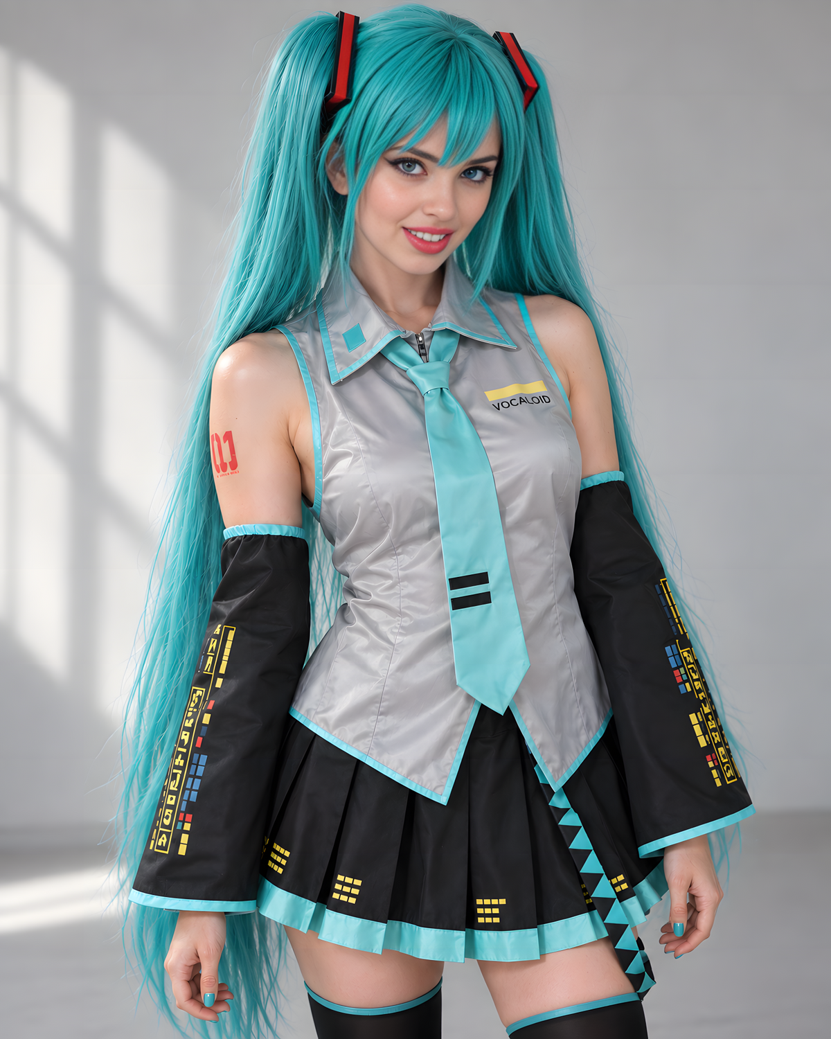 Model wearing the complete classic teal and black Miku cosplay costume