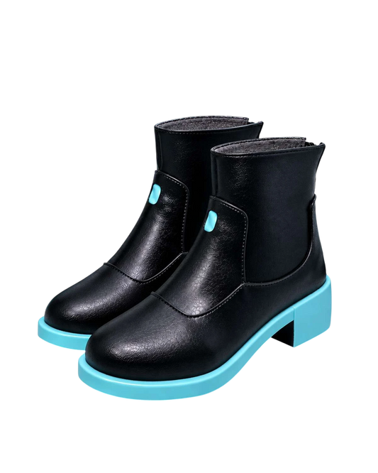 Black and cyan Miku cosplay boots shown from the front