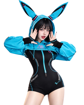 Miku Cyber Bunny Costume – Cyan Jacket & Romper, primary product view