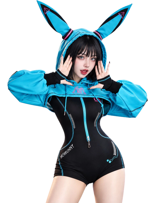 A model posing in a bright blue and black bunny-themed hooded bodysuit with long upright bunny ears on the hood, set against a solid white background.