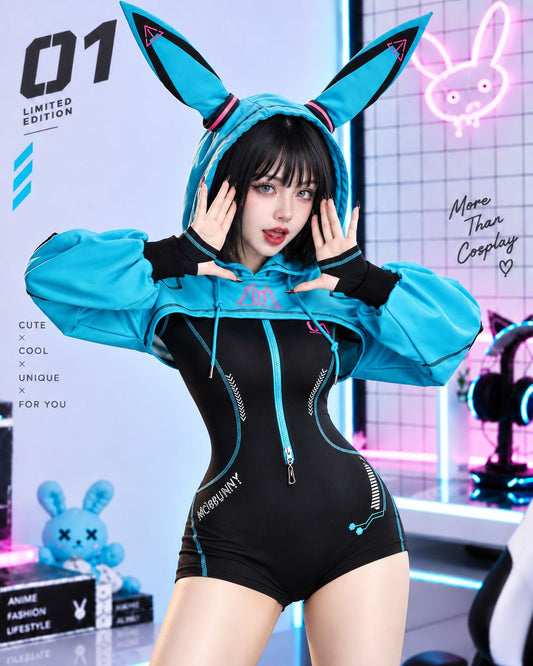 A model wearing a blue and black bunny-themed hooded bodysuit with long bunny ears, posing in a stylized room with neon lights and gaming accessories.