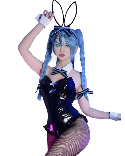 A cosplayer wearing Miku Outfit - Hatsune Miku Bunny Suit Cosplay Costume dancing