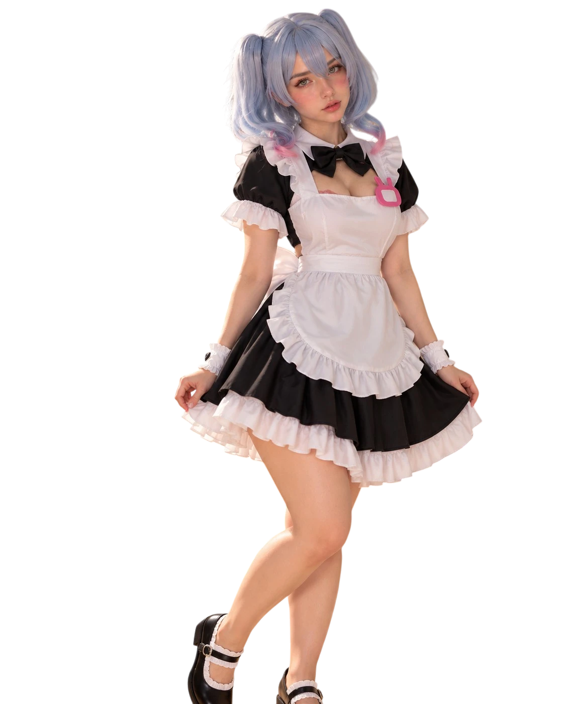 A model posing in a black and white maid outfit costume with a light blue pigtail wig, set against a plain white background.