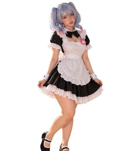 A model posing in a black and white maid outfit costume with a light blue pigtail wig, set against a plain white background.