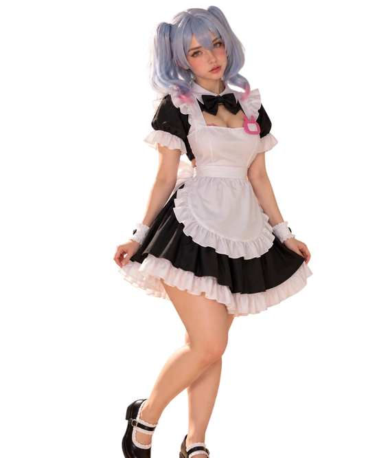 A model posing in a black and white maid outfit costume with a light blue pigtail wig, set against a plain white background.