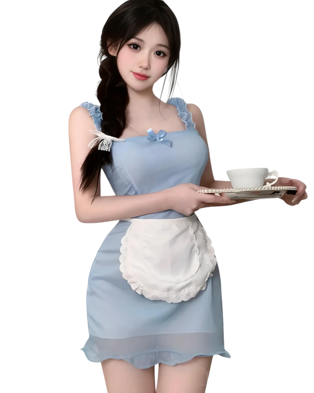 milkmaid outfit with apron and thigh-high stockings - skimpy maid costume in pink and blue
