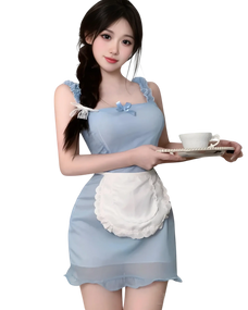 milkmaid outfit with apron and thigh-high stockings - skimpy maid costume in pink and blue