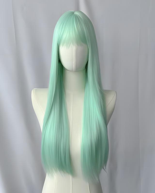 Mint green wig on a mannequin head against a plain background
