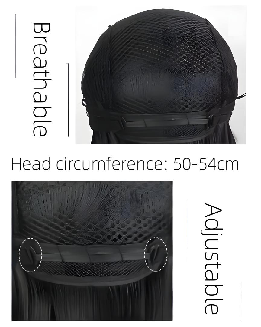 Black wig cap with breathable mesh and adjustable straps, showing head circumference and adjustable features.