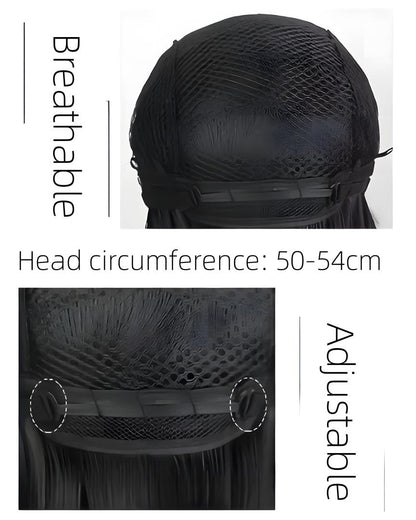 Black wig cap with breathable mesh and adjustable straps, showing head circumference and adjustable features.