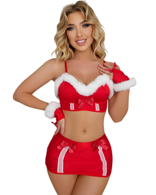 Woman wearing a red Santa Claus-themed lingerie set on a white background