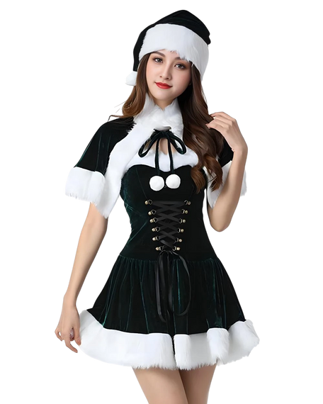Woman wearing a black and white costume with a hat on a white background
