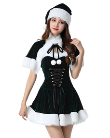 Woman wearing a black and white costume with a hat on a white background