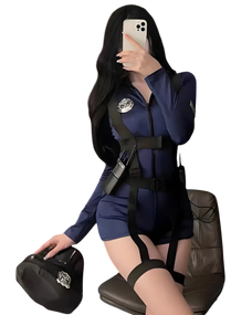 Naughty police officer costume, navy cop romper with intercom and belt