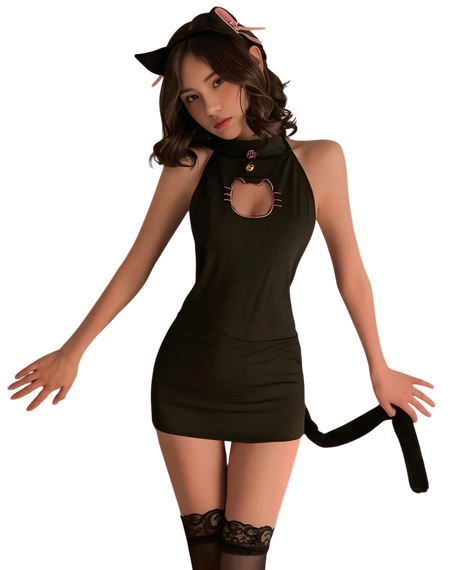 Woman wearing a black cat-themed costume with a dress, tail, and headband on a white background