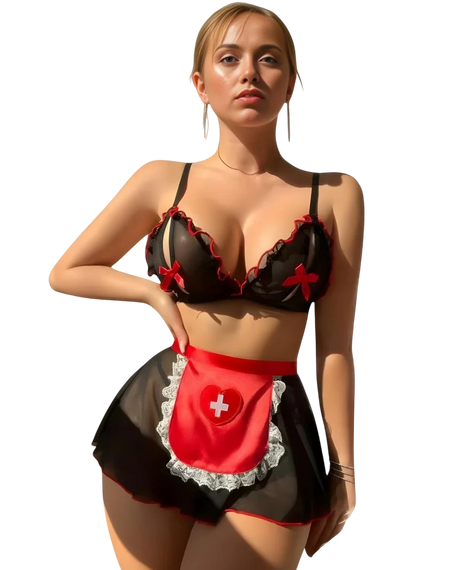 Woman wearing a black and red lingerie set with a heart design on a white background