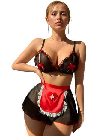 Woman wearing a black and red lingerie set with a heart design on a white background
